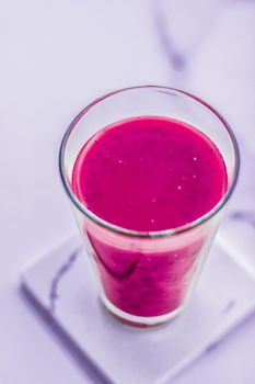 Branding, fasting and cleanse concept - Berry fruit juice in glass, vegan smoothie with chia for diet detox drink and healthy natural breakfast recipe, organic exotic food and nutrition brand design