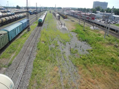 Freight wagons at the station, freight wagons on the railway tracks.