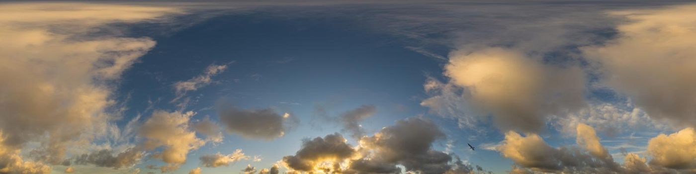 Sky panorama with Cirrus clouds in Seamless spherical equirectangular format. Full zenith for use in 3D graphics, game and editing aerial drone 360 degree panoramas for sky replacement