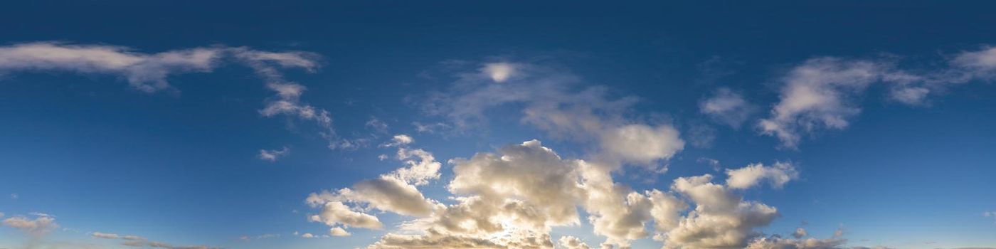 Sky panorama with Cirrus clouds in Seamless spherical equirectangular format. Full zenith for use in 3D graphics, game and editing aerial drone 360 degree panoramas for sky replacement