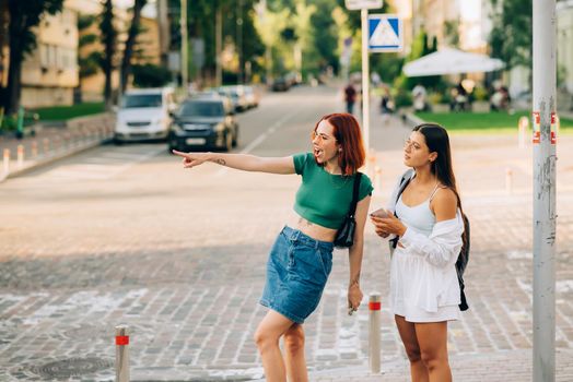 Two tourist friends consulting an online guide on a smart phone