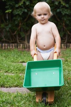 Intrigued by nature. A cute baby boy playing with his toy wheelbarrow in the garden