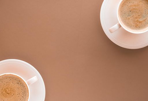 Drinks menu, italian espresso recipe and organic shop concept - Cup of hot coffee as breakfast drink, flatlay cups on beige background