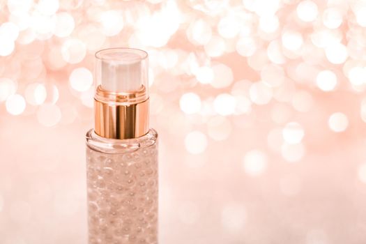 Cosmetic branding, blank label and glamour present concept - Holiday make-up base gel, serum emulsion, lotion bottle and rose gold glitter, luxury skin and body care cosmetics for beauty brand ads