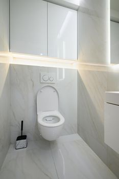 New ceramic toilet bowl in a white toilet room interior