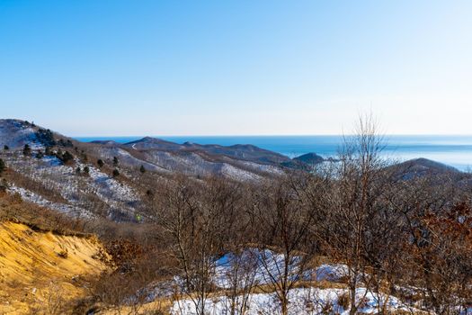 Mountain landscape with a view of the sea. Russian far East