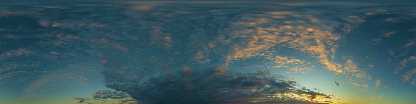 Dark blue twilight sky panorama with Cumulus clouds. Seamless hdr 360 panorama in spherical equiangular format. Full zenith or sky dome for 3D visualization, sky replacement for aerial drone panoramas