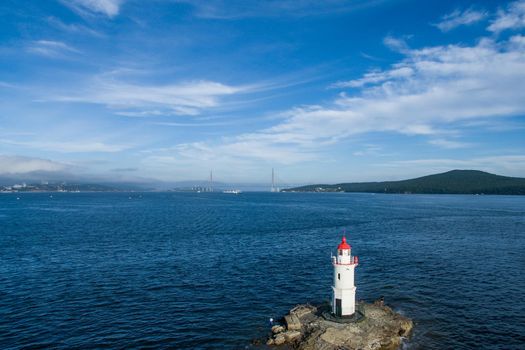 Aerial photo of marine landscape with views of the landmark lighthouse Tokarevskiy. Vladivostok, Russia