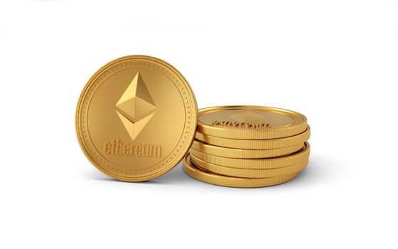 Stack of gold Ethereum coins isolated on white background. Cryptocurrency business. blockchain, digital money exchange. 3d rendering.