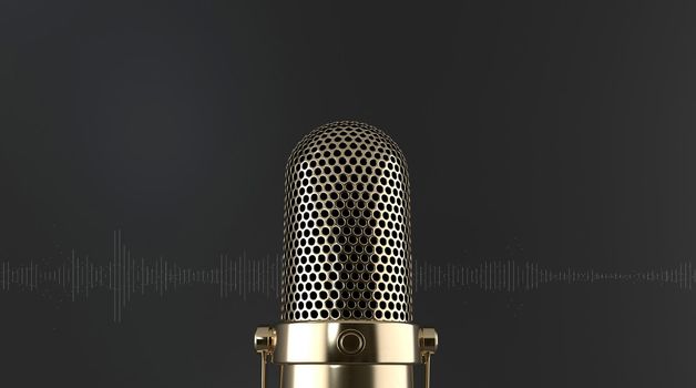 Close-up elegant golden microphone frontally on a black background with sound waves. podcast, live, streaming concept. 3d rendering.