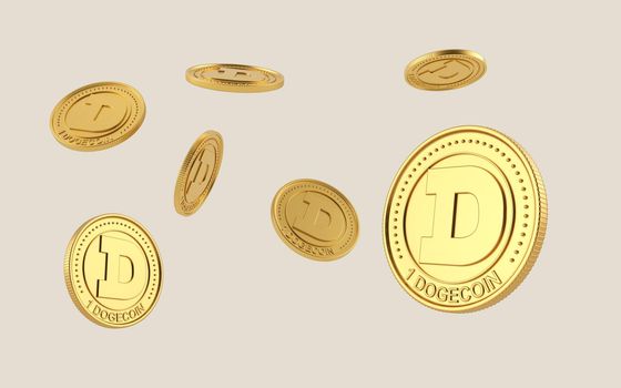Dogecoin coin flying on clear background. Dogecoins cryptocurrency. blockchain, digital money exchange. Different positions and rotations. 3d rendering.