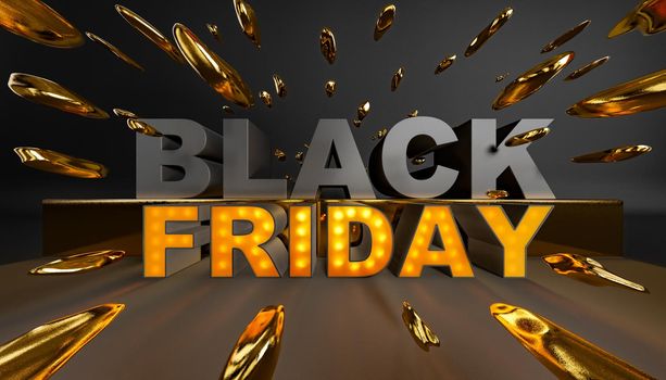 3D rendering of creative Black Friday inscription with glowing light bulbs against gray background with golden stains