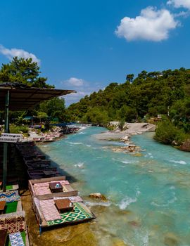 Saklikent Turkey August 2018, Colorful Restaurant in the river near the famous Canyon