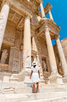 Ephesus ruins, Turkey, beautiful sunny day between the ruins of Ephesus Turkey. Asian women with a hat visit Ephesus