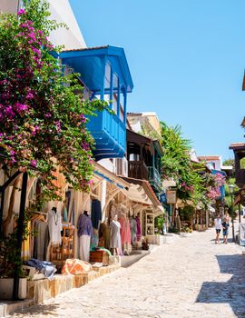 Kas Antalya Turkey July 2018, a colorful house on the narrow Streets of the old center with many restaurants.