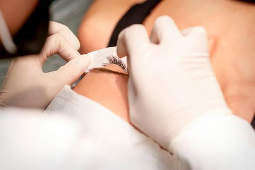 The hands of the cosmetologist are gluing white tape under the eye of the young caucasian woman during the eyelash extension procedure, closeup