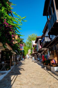 Kas Antalya Turkey July 2018, a colorful house on the narrow Streets of the old center with many restaurants.