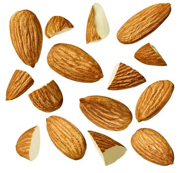 Close up of almonds on white background