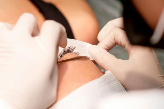 The hands of the cosmetologist are gluing white tape under the eye of the young caucasian woman during the eyelash extension procedure, closeup