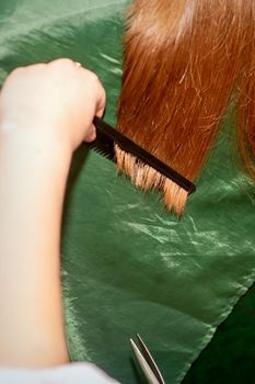 A hairdresser does a haircut and combes the long hair of a brunette woman in a beauty salon