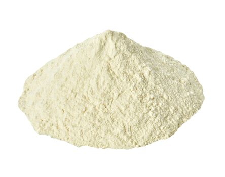 Close up of a pile of white flour powder on white background