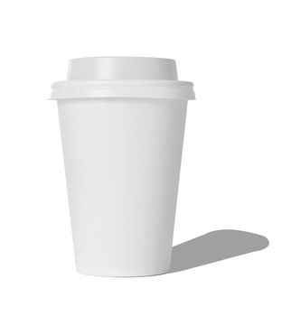 close up of a plastic or paper coffee cup for coffee to go on white background