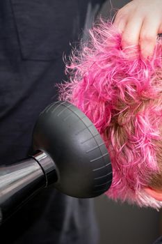 Drying short pink bob hairstyle of a young caucasian woman with a black hair dryer with the brush by hands of a male hairdresser in a hair salon, close up