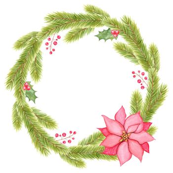 Watercolor Christmas wreath with holly and poinsettia isolated on white background. Fir frame for holidays card and invitations