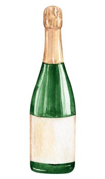 Watercolor champagne green bottle isolated on white background. Hand drawn wine package illustration