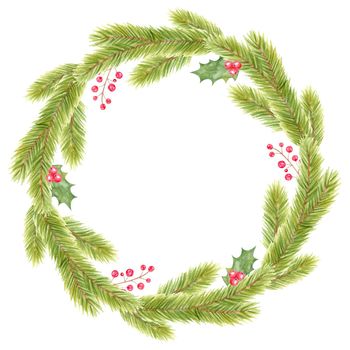 Watercolor Christmas wreath with holly berries isolated on white background. Fir frame for holidays card and invitations