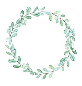 Watercolor white mistletoe wreath isolated on white background. Christmas hand drawn frame illustration. Winter greenery