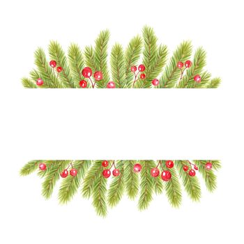watercolor fir border with holly berries isolated on white background