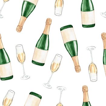 Watercolor champagne seamless pattern on white background. Wine bottles and glasses print for wrapping, wallpaper, fabric