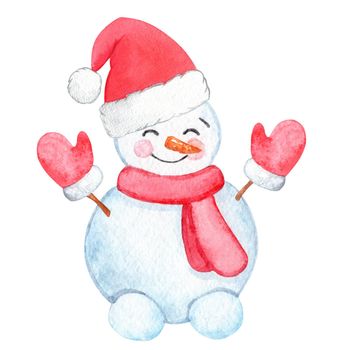 watercolor snowman in red santa hat and mittens isolated on white background