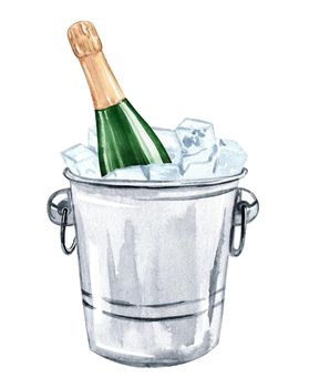 Watercolor bottle in ice bucket isolated on white background. Hand drawn champagne illustration. Anniversary celebration