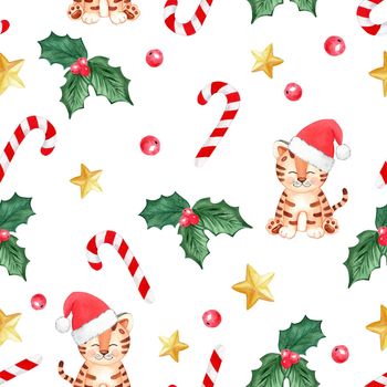 Watercolor christmas tiger seamless pattern on white background. Xmas print for wrapping, fabric, wallpaper