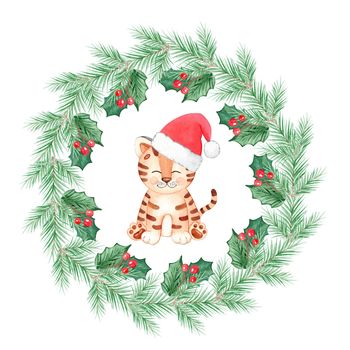 Watercolor tiger in fir wreath isolated on white. Santa tiger hand drawn illustration for cards, posters, christmas and new year decorations