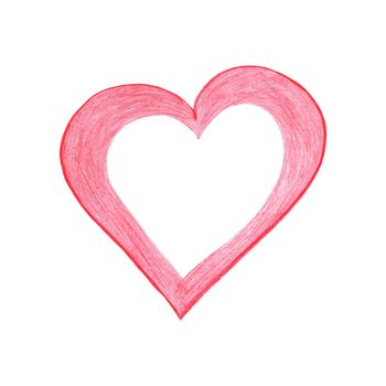 Red Heart Drawn by Colored Pencil. The Sign of World Heart Day. Symbol of Valentines Day. Heart Shape Isolated on White Background.