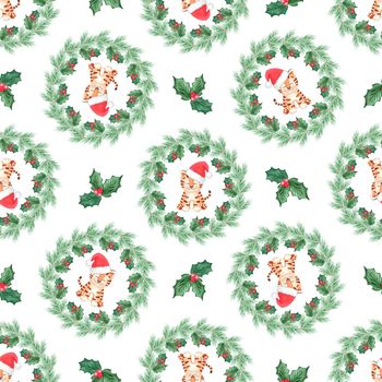 Watercolor christmas tiger in fir wreath seamless pattern on white background. Holiday winter print for fabric, wallpaper, wrapping