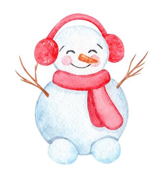 Watercolor happy snowman in red earmuffs and scarf isolated on white background