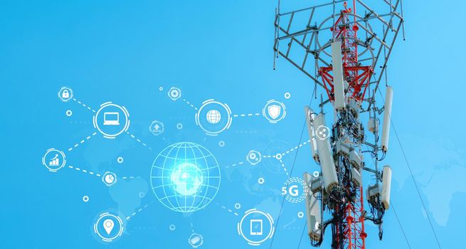 Telecommunication tower for 5g network. Antenna on blue sky. Communication technology. Telecommunication industry. Mobile or telecom 5g network. Network connection business. Online service connection.