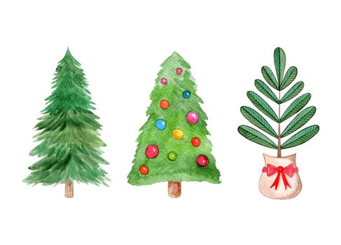Watercolor christmas tree set isolated on white background. Fir tree hand drawn illustration
