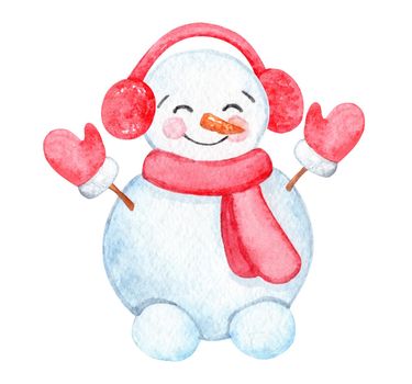 Watercolor cute snowman in red earmuffs and mittens isolated on white background