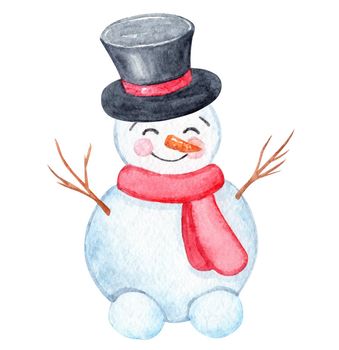 Watercolor funny snowman with black cylinder and red scarf isolated on white background