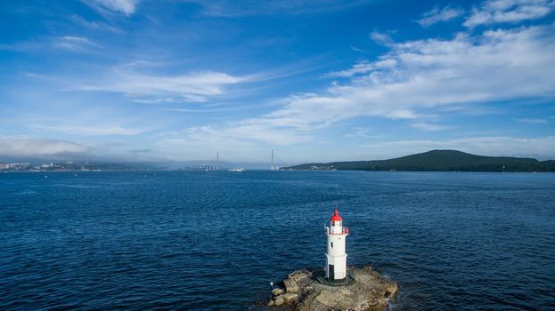 Aerial photo of marine landscape with views of the landmark lighthouse Tokarevskiy. Vladivostok, Russia