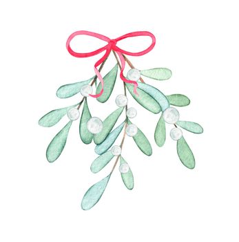 watercolor white mistletoe branch with red ribbon isolated on white background