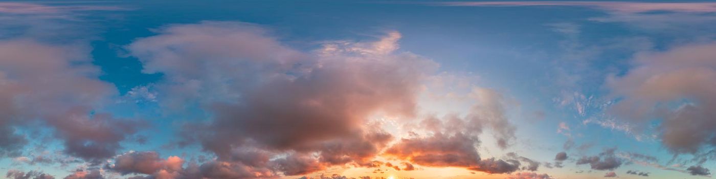 Dark blue sunset sky panorama with pink Cumulus clouds. Seamless hdr 360 pano in spherical equirectangular format. Full zenith for 3D visualization, game, sky replacement for aerial drone panoramas