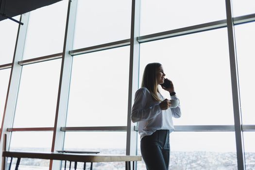 Young businesswoman wearing glasses and holding a phone. In an office or business center against the background of large windows of a skyscraper. Work and career, concept