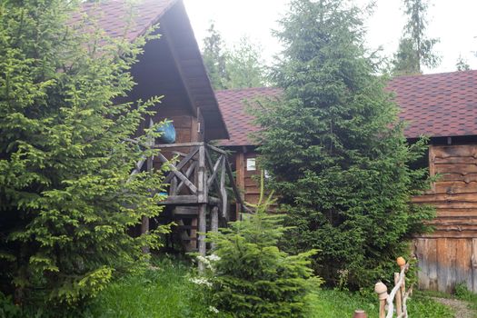 wooden house in the forest.