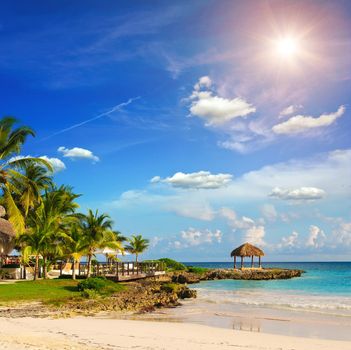 Tropical Paradise. Dominican Republic, Seychelles, Caribbean, Mauritius, Philippines, Bahamas. Relaxing on remote Paradise beach. Vintage.